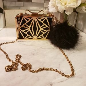 Black Leather & Metal Bow Chain Purse Clutch NEW
